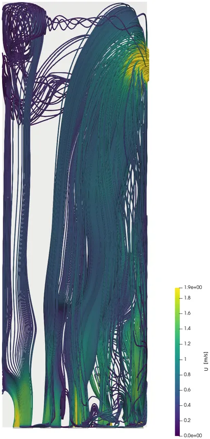 Líneas de flujo coloreadas por velocidad: el aire entra por las ranuras de abajo y sube hasta la salida, arriba a la derecha.