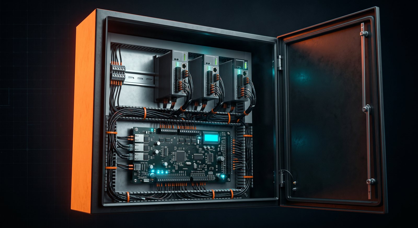 Hardware de control industrial de diseño propio Corvium: gabinete, tarjeta Ethernet y controladores de motor